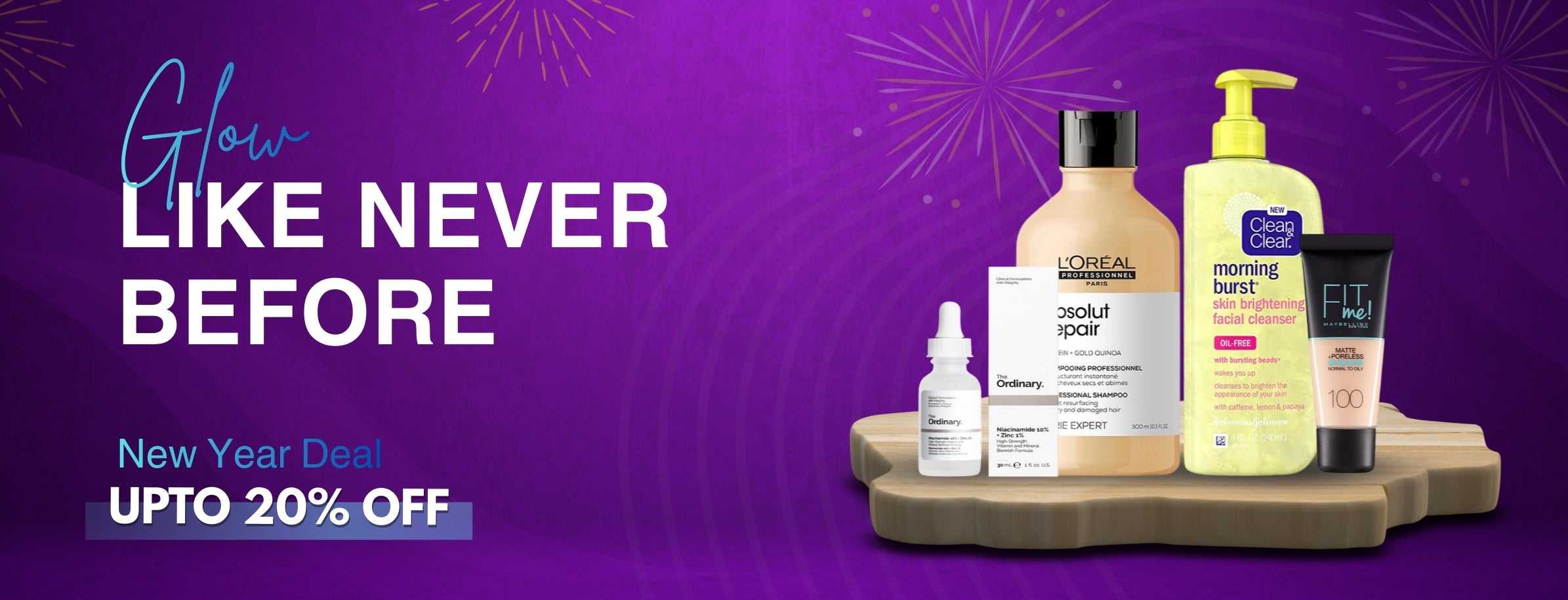 Cosmetic products on a wooden stand with a purple background and text about a New Year deal.