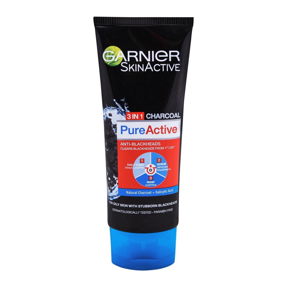 Garnier Skin Active Pure Active Anti-Blackheads 3-In-1 Daily Wash + Scrub + Mask, 100ml